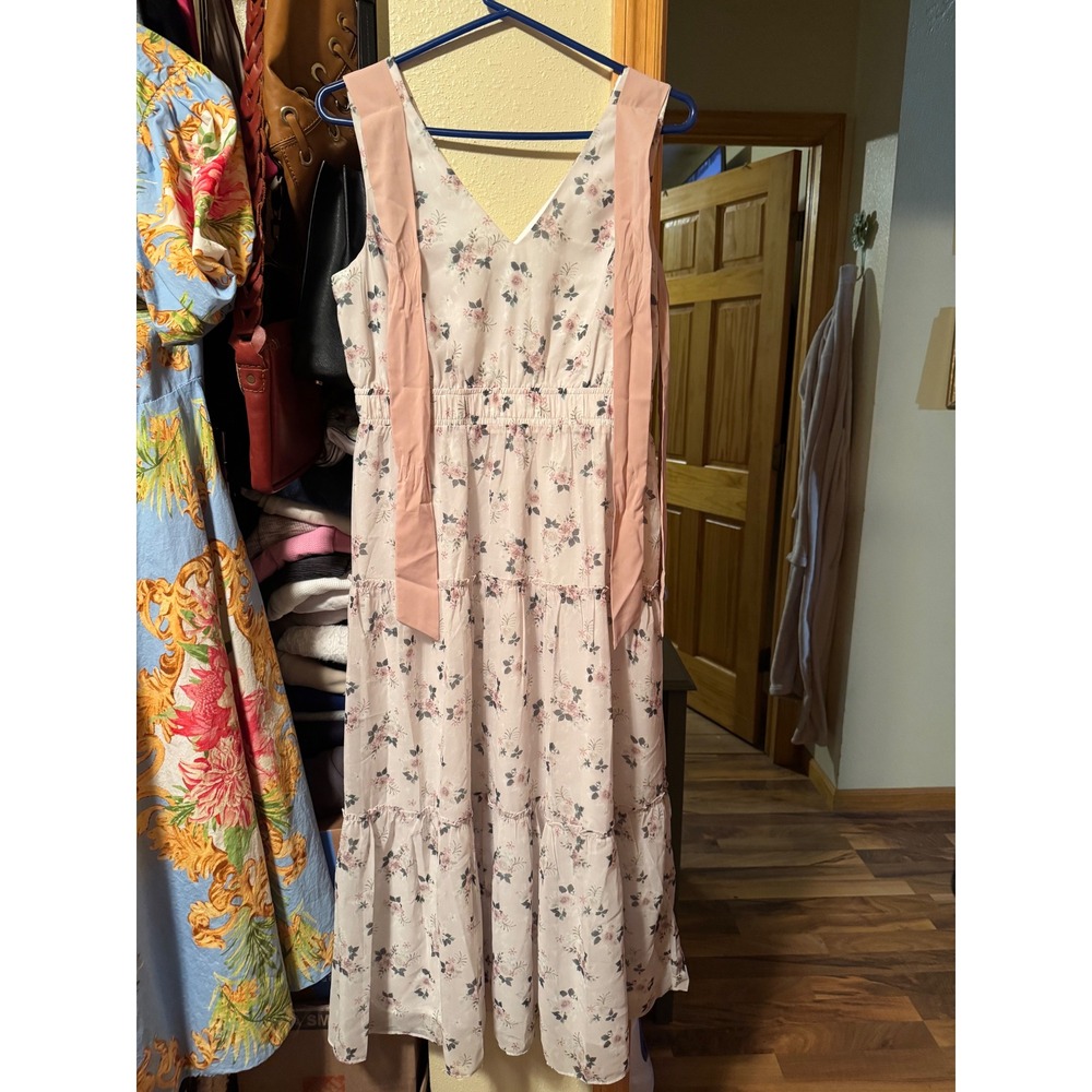 Grace Karin Floral Tiered Maxi Dress Pink White Sleeveless Princess Style Size M